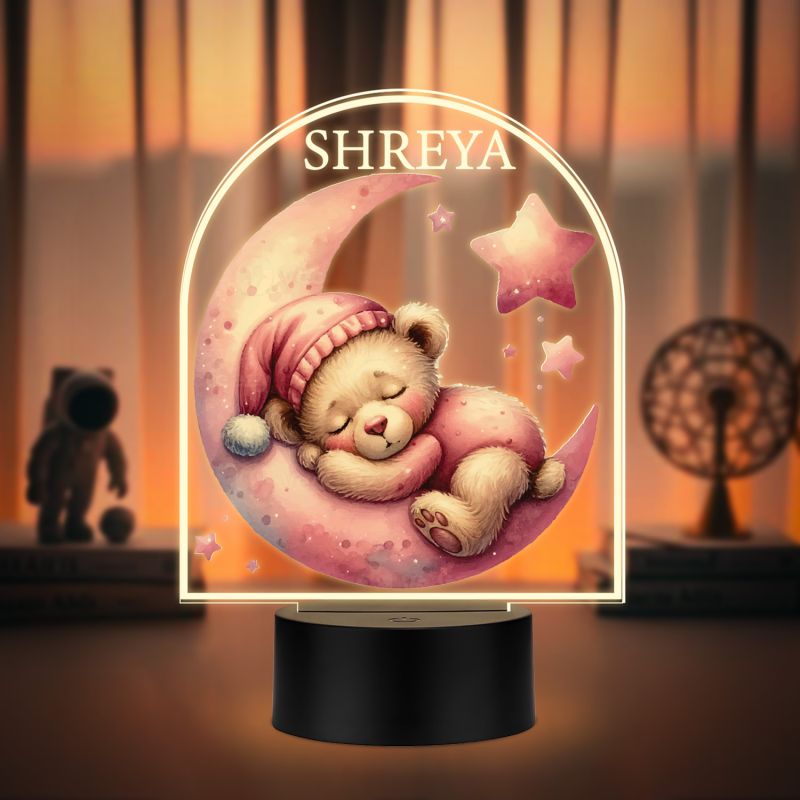 Personalized Sleeping Teddy on Moon Design, Custom with Name Warm White Light Kids Room Bedside Desk Table Lamp Return Gift for Kids